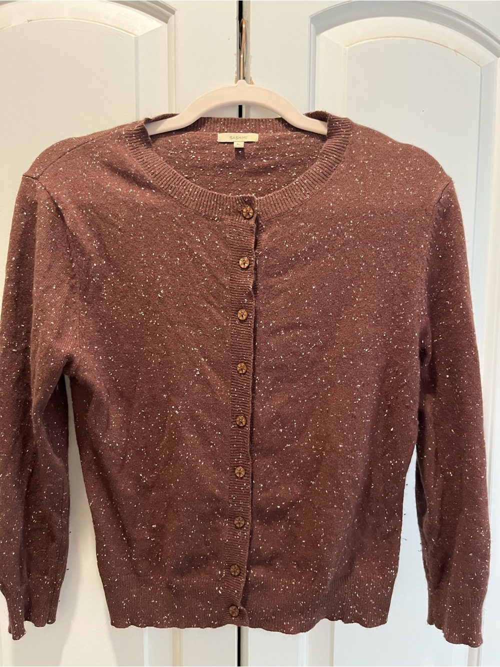 Speckled Brown Button-Front Crewneck Cardigan - Women's